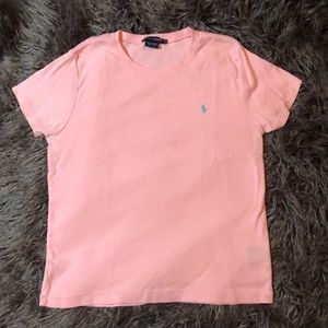 Women's crew neck pink polo tee shirt.